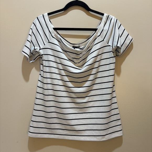 torrid Tops - Torrid White & Black Stripe Rib Off Shoulder Henley Tee • Women's Plus Size 1X
